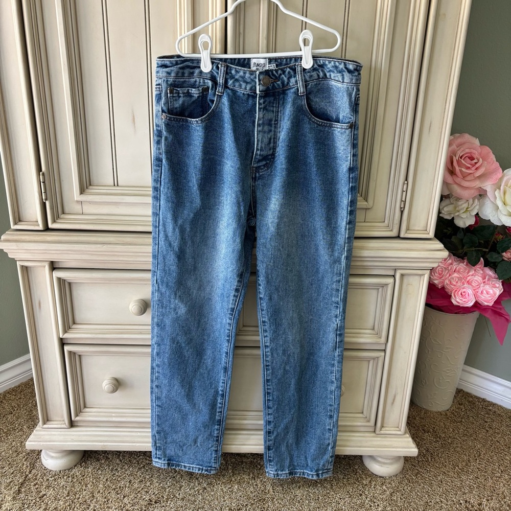 Princess Polly Button Fly Medium Blue High Rise Denim Jeans Sz 8